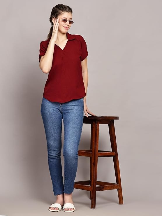 V Neck Short Sleeve Top - Red