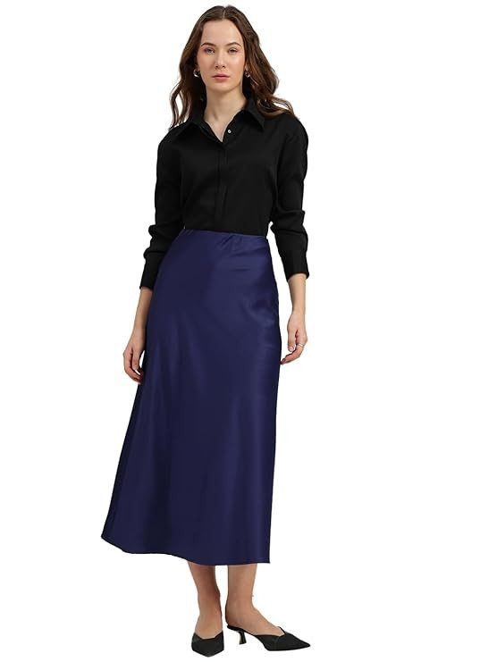 Satin A-Line Skirt - Navy Blue